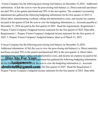Vinson Company has the following post-closing trial balance on December 31,2024 : Additional
information: (Click the icon to view the post-closing trial balance.) a. Direct materials purchases
are paid 70% in the quarter purchased and 30% in the next quarter. The company's accounting
department has gathered the following budgeting information for the first quarter of 2025: b.
Direct labor, manufacturing overhead, selling and administrative costs, and income tax expense
are paid in the quarter (Click the icon to view the budgeting information.) c. Accounts payable at
December 31, 2024 are paid in the first quarter of 2025 . Read the requirements. Requirement 1.
Prepare Vinson Company's budgeted income statement for the first quarter of 2025. Data table
Requirements 1. Prepare Vinson Company's budgeted income statement for the first quarter of
2025. 2. Prepare Vinson Company's budgeted balance sheet as of March 31, 2025.
V/incon Company has the following post-closing trial balance on December 31,2024 :
Additional information: (Click the icon to view the post-closing trial balance.) a. Direct materials
purchases are paid 70% in the quarter purchased and 30% in the next quarter. b. Direct labor,
manufacturing overhead, selling and administrative costs, and income tax expense are paid in the
quarter The company's accounting department has gathered the following budgeting information
for the first quarter of 2025: (Click the icon to view the budgeting information.) c. Accounts
payable at December 31,2024 are paid in the first quarter of 2025 . Read the Requirement 1.
Prepare Vinson Company's budgeted income statement for the first quarter of 2025. Data table
 