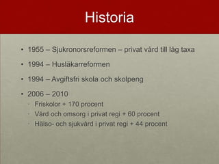 Historia

• 1955 – Sjukronorsreformen – privat vård till låg taxa

• 1994 – Husläkarreformen

• 1994 – Avgiftsfri skola och skolpeng

• 2006 – 2010
  • Friskolor + 170 procent
  • Vård och omsorg i privat regi + 60 procent
  • Hälso- och sjukvård i privat regi + 44 procent
 
