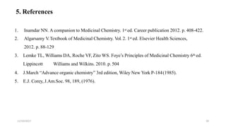 11/10/2017 20
1. Inamdar NN. A companion to Medicinal Chemistry. 1st ed. Career publication 2012. p. 408-422.
2. Algarsamy V.Textbook of Medicinal Chemistry. Vol. 2. 1st ed. Elsevier Health Sciences,
2012. p. 88-129
3. Lemke TL, Williams DA, Roche VF, Zito WS. Foye’s Principles of Medicinal Chemistry 6th ed.
Lippincott Williams and Wilkins. 2010. p. 504
4. J.March “Advance organic chemistry” 3rd edition, Wiley New York P-184(1985).
5. E.J. Corey, J.Am.Soc. 98, 189, (1976).
5. References
 