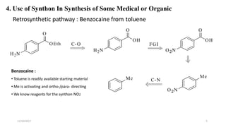Retrosynthetic pathway : Benzocaine from toluene
4. Use of Synthon In Synthesis of Some Medical or Organic
OEth
O
H2N
C-O
H2N
OH
O
FGI
O2N
OH
O
2O N
Me
C-NMe
Benzocaine :
• Toluene is readily available starting material
• Me is activating and ortho-/para- directing
• We know reagents for the synthon NO2
11/10/2017 5
 