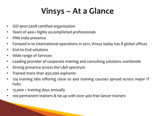 • ISO 9001:2008 certified organization
• Team of 400+ highly accomplished professionals
• PAN India presence
• Forayed in to international operations in 2011, Vinsys today has 8 global offices
• End-to-End solutions
• Wide range of Services
• Leading provider of corporate training and consulting solutions worldwide
• Strong presence across the L&D spectrum
• Trained more than 450,000 aspirants
• 124 training labs offering close to 400 training courses spread across major IT
hubs
• 15,000 + training days annually
• 100 permanent trainers & tie-up with over 400 free lancer trainers
 