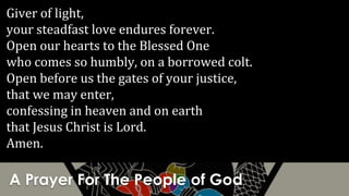 A Prayer For The People of God
Giver of light,
your steadfast love endures forever.
Open our hearts to the Blessed One
who comes so humbly, on a borrowed colt.
Open before us the gates of your justice,
that we may enter,
confessing in heaven and on earth
that Jesus Christ is Lord.
Amen.
 