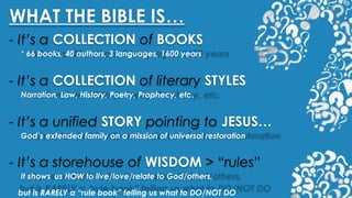 WHAT THE BIBLE IS…
- It’s a unified STORY pointing to JESUS…
God’s extended family on a mission of universal restoration
- It’s a COLLECTION of BOOKS
* 66 books, 40 authors, 3 languages, 1600 years
- It’s a COLLECTION of literary STYLES
Narration, Law, History, Poetry, Prophecy, etc.
- It’s a storehouse of WISDOM > “rules”
It shows us HOW to live/love/relate to God/others,
but is RARELY a “rule book” telling us what to DO/NOT DO
 