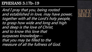And I pray that you, being rooted
and established in love, may have power,
together with all the Lord’s holy people,
to grasp how wide and long and high
and deep is the love of Christ,
and to know this love that
surpasses knowledge—
that you may be filled to the
measure of all the fullness of God.
EPHESIANS 3:17b-19
 