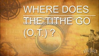 WHERE DOES
Offerings “Above & Beyond” Go To
THE TITHE GO
Meet Specific Needs…

(O.T.) ?
 