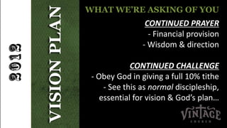 WHAT WE’RE ASKING OF YOU
                 CONTINUED PRAYER
                  - Financial provision
                - Wisdom & direction

             CONTINUED CHALLENGE
 - Obey God in giving a full 10% tithe
     - See this as normal discipleship,
    essential for vision & God’s plan…
 