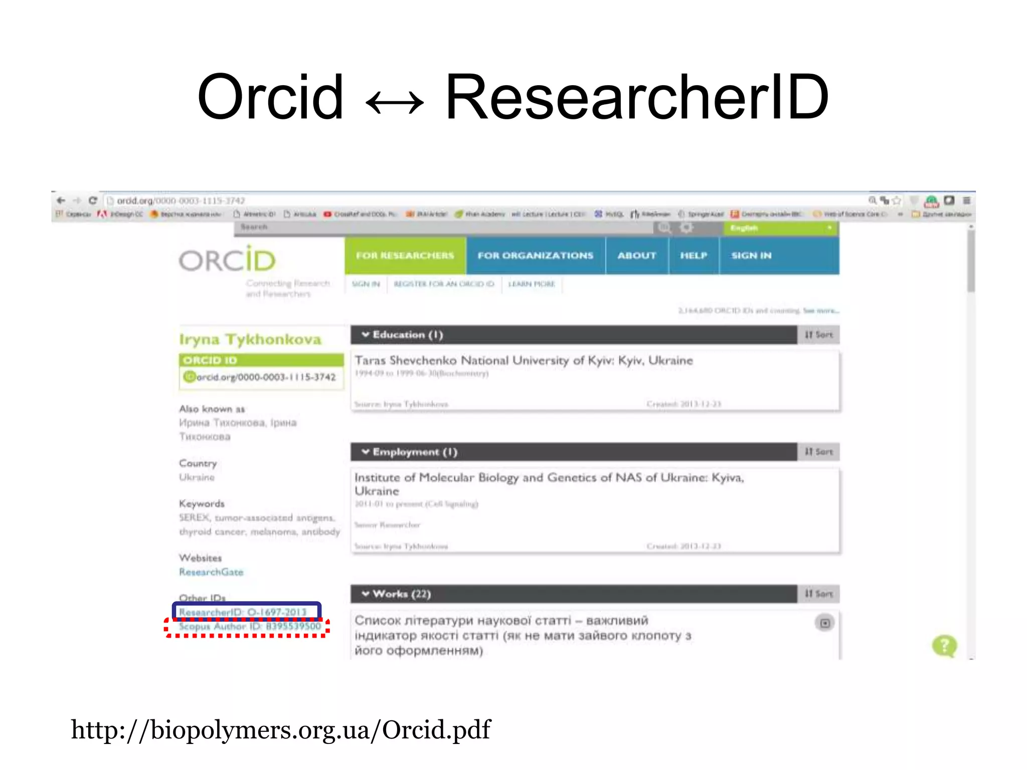 Orcid ↔ ResearcherID
http://biopolymers.org.ua/Orcid.pdf
 
