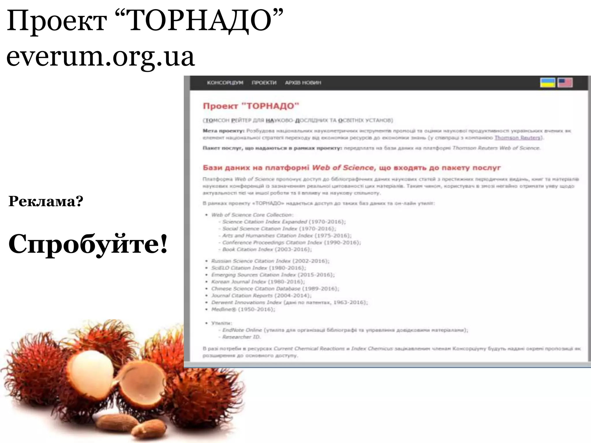 Проект “ТОРНАДО”
everum.org.ua
Реклама?
Спробуйте!
 