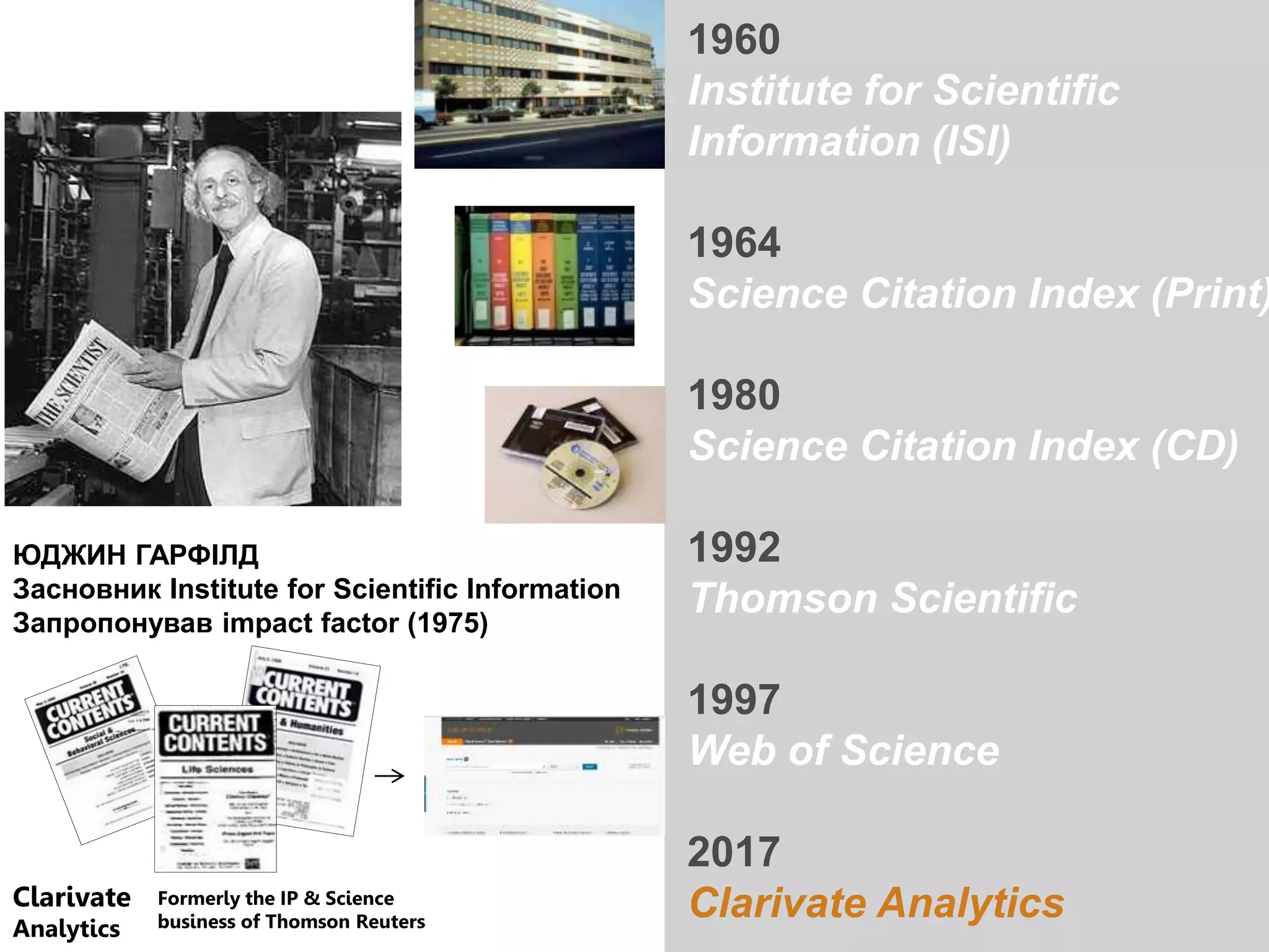1960
Institute for Scientific
Information (ISI)
1964
Science Citation Index (Print)
1980
Science Citation Index (CD)
1992
Thomson Scientific
1997
Web of Science
2017
Clarivate Analytics
ЮДЖИН ГАРФІЛД
Засновник Institute for Scientific Information
Запропонував impact factor (1975)
Clarivate
Analytics
Formerly the IP & Science
business of Thomson Reuters
 