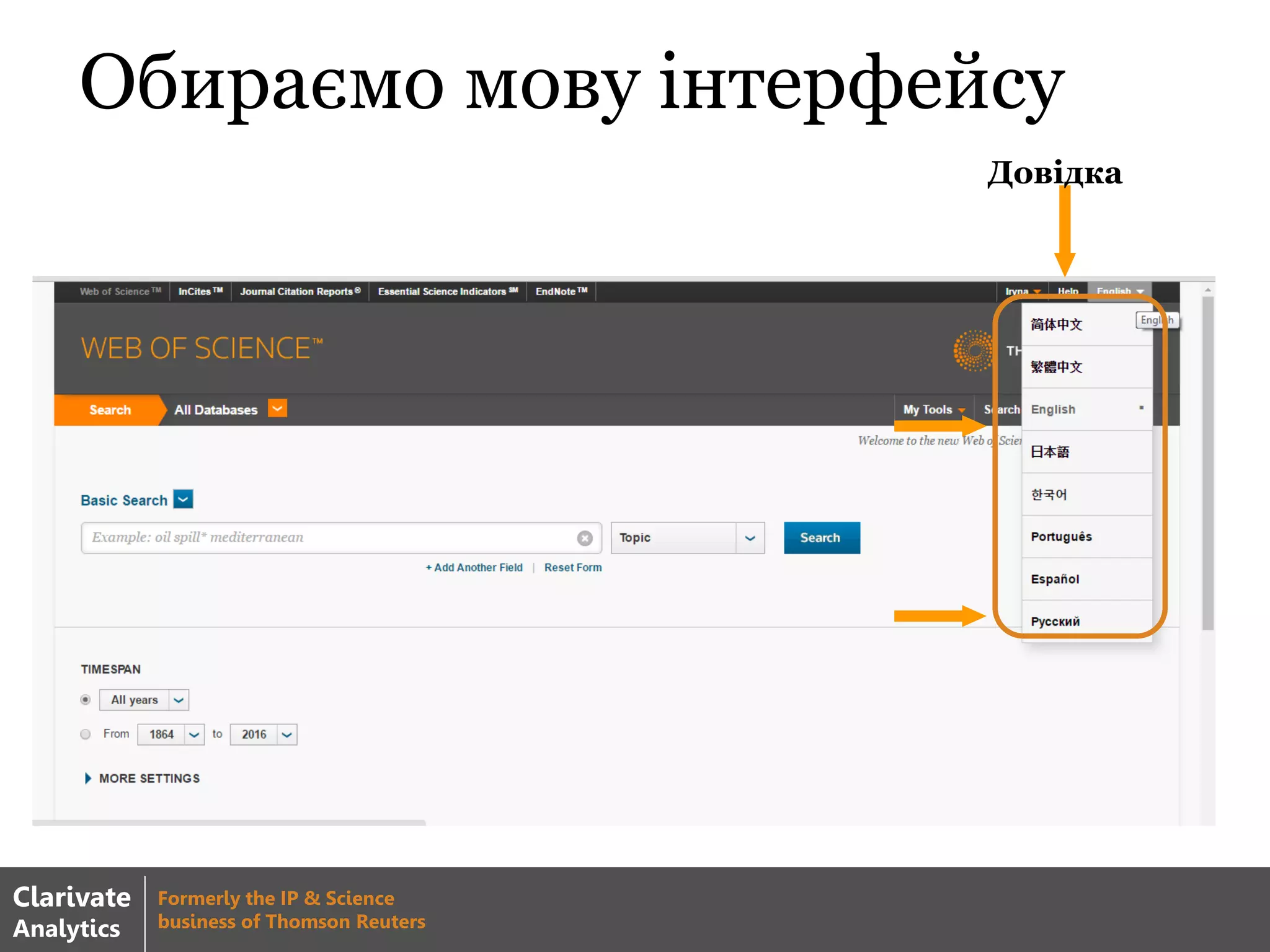 Обираємо мову інтерфейсу
Довідка
Clarivate
Analytics
Formerly the IP & Science
business of Thomson Reuters
 
