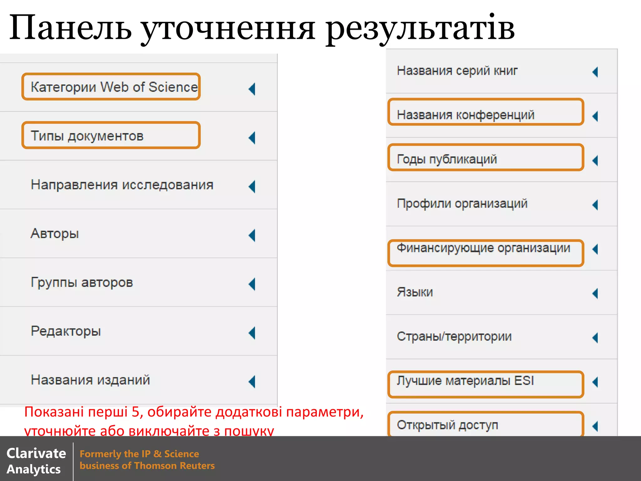 Панель уточнення результатів
Показані перші 5, обирайте додаткові параметри,
уточнюйте або виключайте з пошуку
Clarivate
Analytics
Formerly the IP & Science
business of Thomson Reuters
 