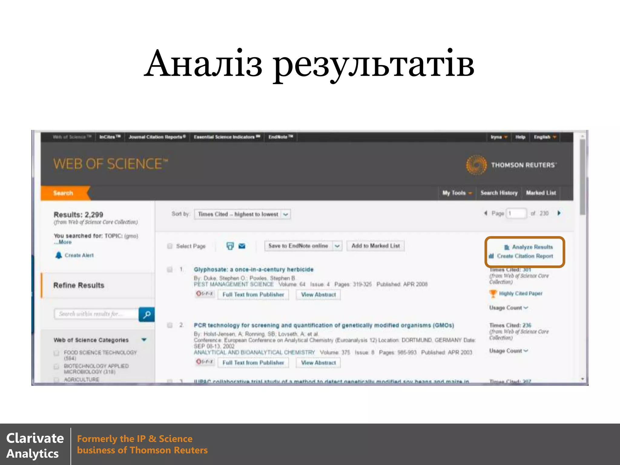 Аналіз результатів
Clarivate
Analytics
Formerly the IP & Science
business of Thomson Reuters
 