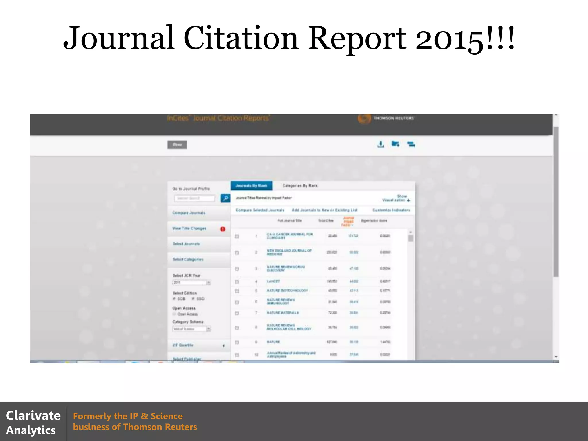 Journal Citation Report 2015!!!
Clarivate
Analytics
Formerly the IP & Science
business of Thomson Reuters
 