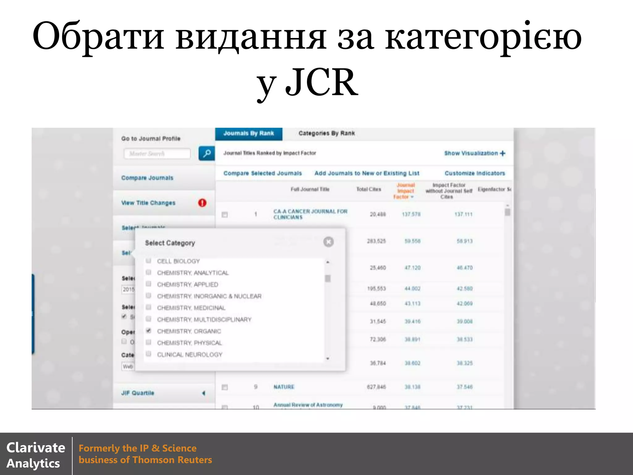 Обрати видання за категорією
у JCR
Clarivate
Analytics
Formerly the IP & Science
business of Thomson Reuters
 