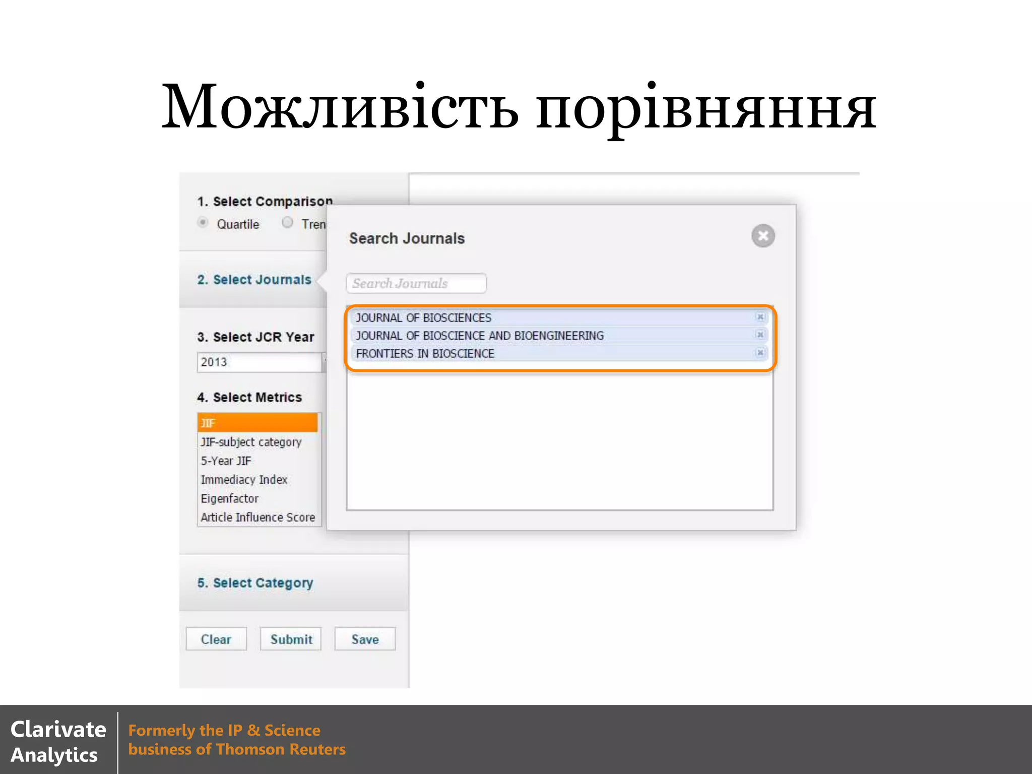 Можливість порівняння
Clarivate
Analytics
Formerly the IP & Science
business of Thomson Reuters
 