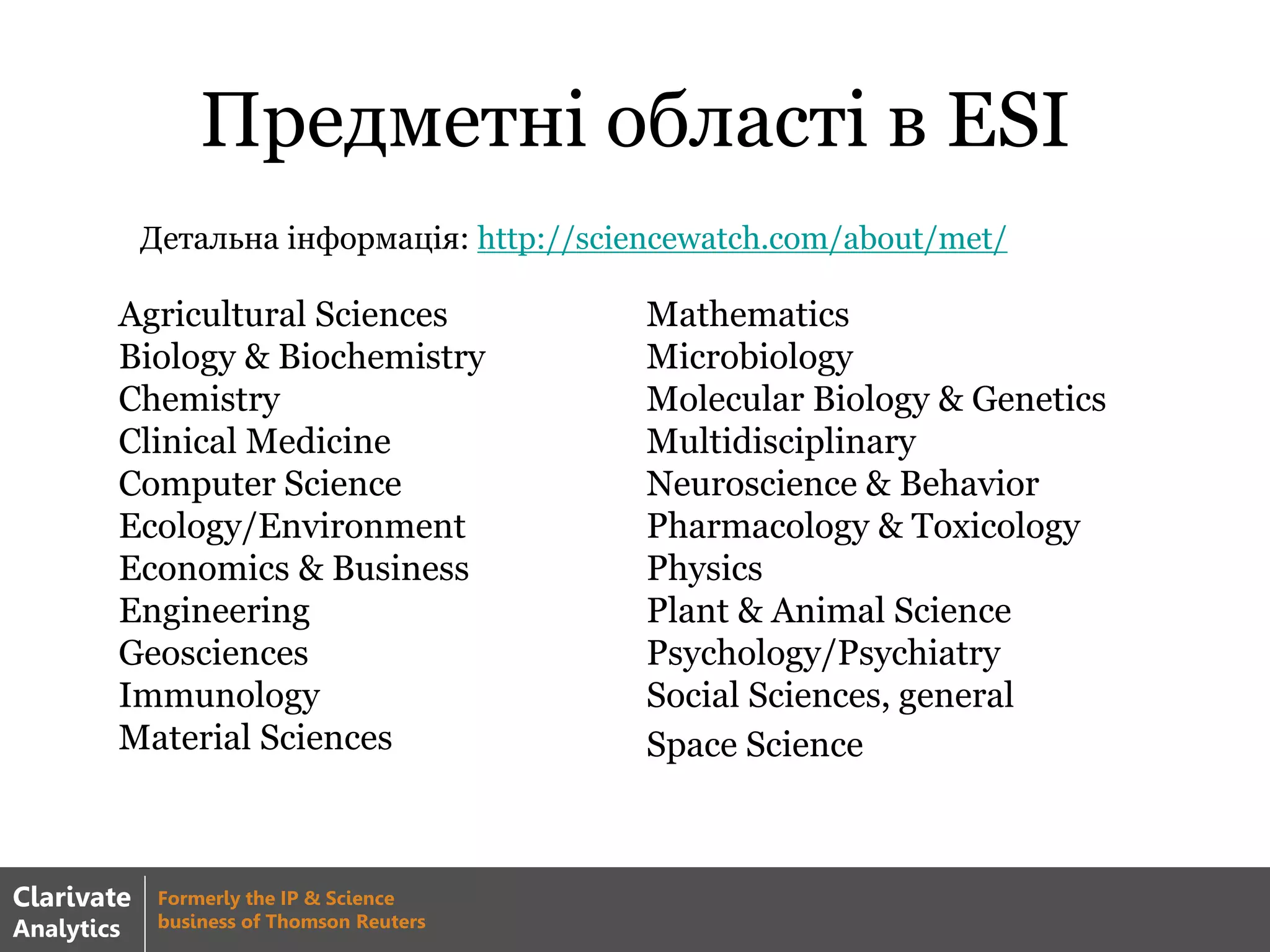 Предметні області в ESI
Детальна інформація: http://sciencewatch.com/about/met/
Agricultural Sciences
Biology & Biochemistry
Chemistry
Clinical Medicine
Computer Science
Ecology/Environment
Economics & Business
Engineering
Geosciences
Immunology
Material Sciences
Mathematics
Microbiology
Molecular Biology & Genetics
Multidisciplinary
Neuroscience & Behavior
Pharmacology & Toxicology
Physics
Plant & Animal Science
Psychology/Psychiatry
Social Sciences, general
Space Science
Clarivate
Analytics
Formerly the IP & Science
business of Thomson Reuters
 