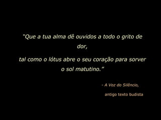 “ Que a tua alma dê ouvidos a todo o grito de dor, tal como o lótus abre o seu coração para sorver o sol matutino.” - A Voz do Silêncio, antigo texto budista 
