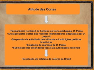 Atitude das Cortes  Permanência no Brasil do herdeiro ao trono português, D. Pedro Anulação pelas Cortes das medidas liberalizadoras adoptadas por D. João VI Suspensão da actividade dos tribunais e instituições políticas brasileiras Exigência do regresso de D. Pedro  Submissão das autoridades locais às autoridades nacionais Devolução do estatuto de colónia ao Brasil 