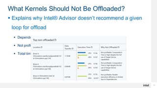 11
What Kernels Should Not Be Offloaded?
 Explains why Intel® Advisor doesn’t recommend a given
loop for offload
 Dependency issues
 Not profitable
 Total time is too small
 