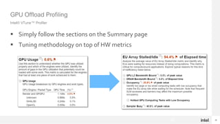 20
GPU Offload Profiling
Intel® VTune™ Profiler
 Simply follow the sections on the Summary page
 Tuning methodology on top of HW metrics
20
 