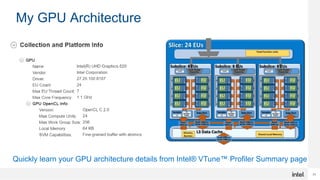 23
My GPU Architecture
Quickly learn your GPU architecture details from Intel® VTune™ Profiler Summary page
 