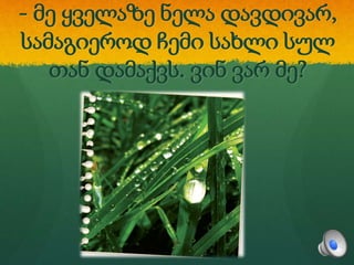 - მე ყველაზე ნელა დავდივარ,
სამაგიეროდ ჩემი სახლი სულ
თან დამაქვს. ვინ ვარ მე?
 