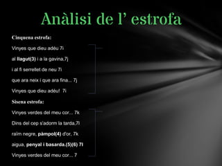 Cinquena estrofa:
Vinyes que dieu adéu 7i
al llagut(3) i a la gavina,7j
i al fi serrellet de neu 7i
que ara neix i que ara fina... 7j
Vinyes que dieu adéu! 7i
Sisena estrofa:
Vinyes verdes del meu cor... 7k
Dins del cep s'adorm la tarda,7l
raïm negre, pàmpol(4) d'or, 7k
aigua, penyal i basarda.(5)(6) 7l
Vinyes verdes del meu cor... 7
Anàlisi de l’ estrofa
 
