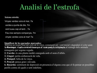 Setena estrofa:
Vinyes verdes vora el mar, 7a
verdes a punta de dia, 7m
verd suau cap al tard... 7a
Feu-nos sempre companyia, 7m
vinyes verdes vora el mar! 7a
Realitza un resum final del cicle de la vinya, començant pel verd inicial i degradant el color quan
arriba el tard. A més els hi reclama que el facin sempre companyia.
Analisi de l’estrofa
Significat de les paraules marcades:
1. Remuga: s’aplica metafòricament al vent però fa referència al remugà dels animals
remugants per segona vegada.
2. Userda: és una planta també coneguda amb el nom d’alfals.
3. Llagut: petita embarcació de vela.
4. Pàmpol: fulla de la vinya.
5. Penyal: penya gran i elevada.
6. Basarda: sentiment de depressió en presencia d’alguna cosa que el fa pensar en possibles
perills contra els quals e sent indefens.
 