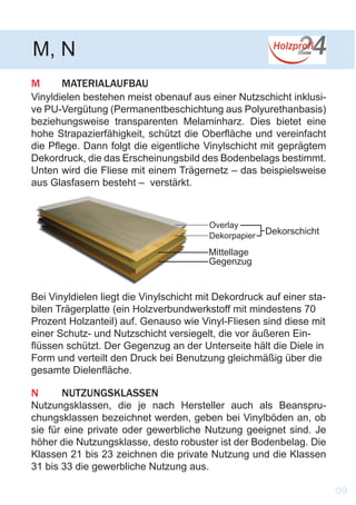 M	MATERIALAUFBAU
Vinyldielen bestehen meist obenauf aus einer Nutzschicht inklusi-
ve PU-Vergütung (Permanentbeschichtung aus Polyurethanbasis)
beziehungsweise transparenten Melaminharz. Dies bietet eine
hohe Strapazierfähigkeit, schützt die Oberfläche und vereinfacht
die Pflege. Dann folgt die eigentliche Vinylschicht mit geprägtem
Dekordruck, die das Erscheinungsbild des Bodenbelags bestimmt.
Unten wird die Fliese mit einem Trägernetz – das beispielsweise
aus Glasfasern besteht – verstärkt.
M, N
09
N	NUTZUNGSKLASSEN
Nutzungsklassen, die je nach Hersteller auch als Beanspru-
chungsklassen bezeichnet werden, geben bei Vinylböden an, ob
sie für eine private oder gewerbliche Nutzung geeignet sind. Je
höher die Nutzungsklasse, desto robuster ist der Bodenbelag. Die
Klassen 21 bis 23 zeichnen die private Nutzung und die Klassen
31 bis 33 die gewerbliche Nutzung aus.
Overlay
Dekorpapier
Dekorschicht
Mittellage
Gegenzug
Bei Vinyldielen liegt die Vinylschicht mit Dekordruck auf einer sta-
bilen Trägerplatte (ein Holzverbundwerkstoff mit mindestens 70
Prozent Holzanteil) auf. Genauso wie Vinyl-Fliesen sind diese mit
einer Schutz- und Nutzschicht versiegelt, die vor äußeren Ein-
flüssen schützt. Der Gegenzug an der Unterseite hält die Diele in
Form und verteilt den Druck bei Benutzung gleichmäßig über die
gesamte Dielenfläche.
 