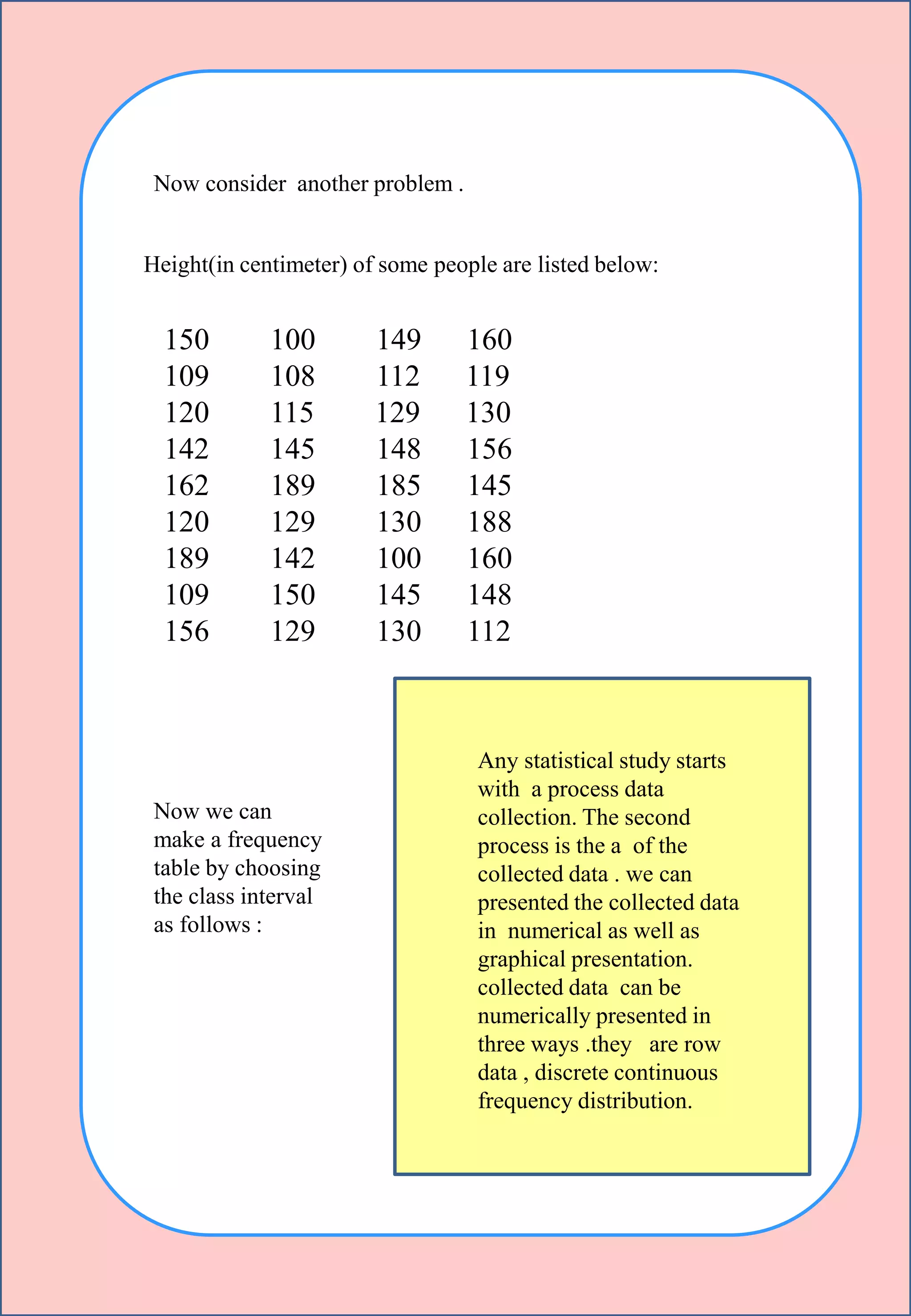 Height(in centimeter) of some people are listed below:
Now consider another problem .
150 100 149 160
109 108 112 119
120 115 129 130
142 145 148 156
162 189 185 145
120 129 130 188
189 142 100 160
109 150 145 148
156 129 130 112
Now we can
make a frequency
table by choosing
the class interval
as follows :
Any statistical study starts
with a process data
collection. The second
process is the a of the
collected data . we can
presented the collected data
in numerical as well as
graphical presentation.
collected data can be
numerically presented in
three ways .they are row
data , discrete continuous
frequency distribution.
 