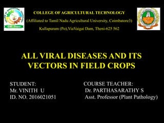 ALL VIRAL DISEASES AND ITS
VECTORS IN FIELD CROPS
COURSE TEACHER:
Dr. PARTHASARATHY S
Asst. Professor (Plant Pathology)
STUDENT:
Mr. VINITH U
ID. NO. 2016021051
COLLEGE OF AGRICULTURAL TECHNOLOGY
(Affiliated to Tamil Nadu Agricultural University, Coimbatore3)
Kullapuram (Po),ViaVaigai Dam, Theni-625 562
 