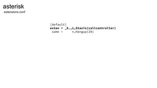 [default]
exten = _X.,1,Stasis(callcontroller)
same = n,Hangup(20)
extensions.conf
asterisk
 