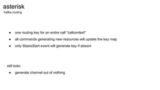 ● one routing key for an entire call "callcontext"
● all commands generating new resources will update the key map
● only StasisStart event will generate key if absent
still todo:
● generate channel out of nothing
not finished
asterisk
kafka routing
 