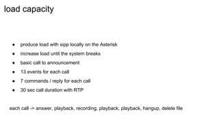 ● produce load with sipp locally on the Asterisk
● increase load until the system breaks
● basic call to announcement
● 13 events for each call
● 7 commands / reply for each call
● 30 sec call duration with RTP
each call -> answer, playback, recording, playback, playback, hangup, delete file
load capacity
 