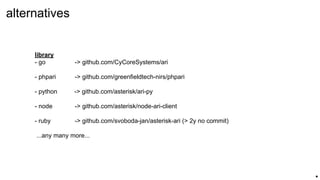 library
- go -> github.com/CyCoreSystems/ari
- phpari -> github.com/greenfieldtech-nirs/phpari
- python -> github.com/asterisk/ari-py
- node -> github.com/asterisk/node-ari-client
- ruby -> github.com/svoboda-jan/asterisk-ari (> 2y no commit)
...any many more...
alternatives
.
 