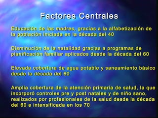Factores CentralesFactores Centrales
Educación de las madres, gracias a la alfabetización deEducación de las madres, gracias a la alfabetización de
la población iniciada en la década del 40la población iniciada en la década del 40
Disminución de la natalidad gracias a programas deDisminución de la natalidad gracias a programas de
planificación familiar aplicados desde la década del 60planificación familiar aplicados desde la década del 60
Elevada cobertura de agua potable y saneamiento básicoElevada cobertura de agua potable y saneamiento básico
desde la década del 60desde la década del 60
Amplia cobertura de la atención primaria de salud, la queAmplia cobertura de la atención primaria de salud, la que
incorporó controles pre y post natales y de niño sano,incorporó controles pre y post natales y de niño sano,
realizados por profesionales de la salud desde la décadarealizados por profesionales de la salud desde la década
del 60 e intensificada en los 70del 60 e intensificada en los 70
 