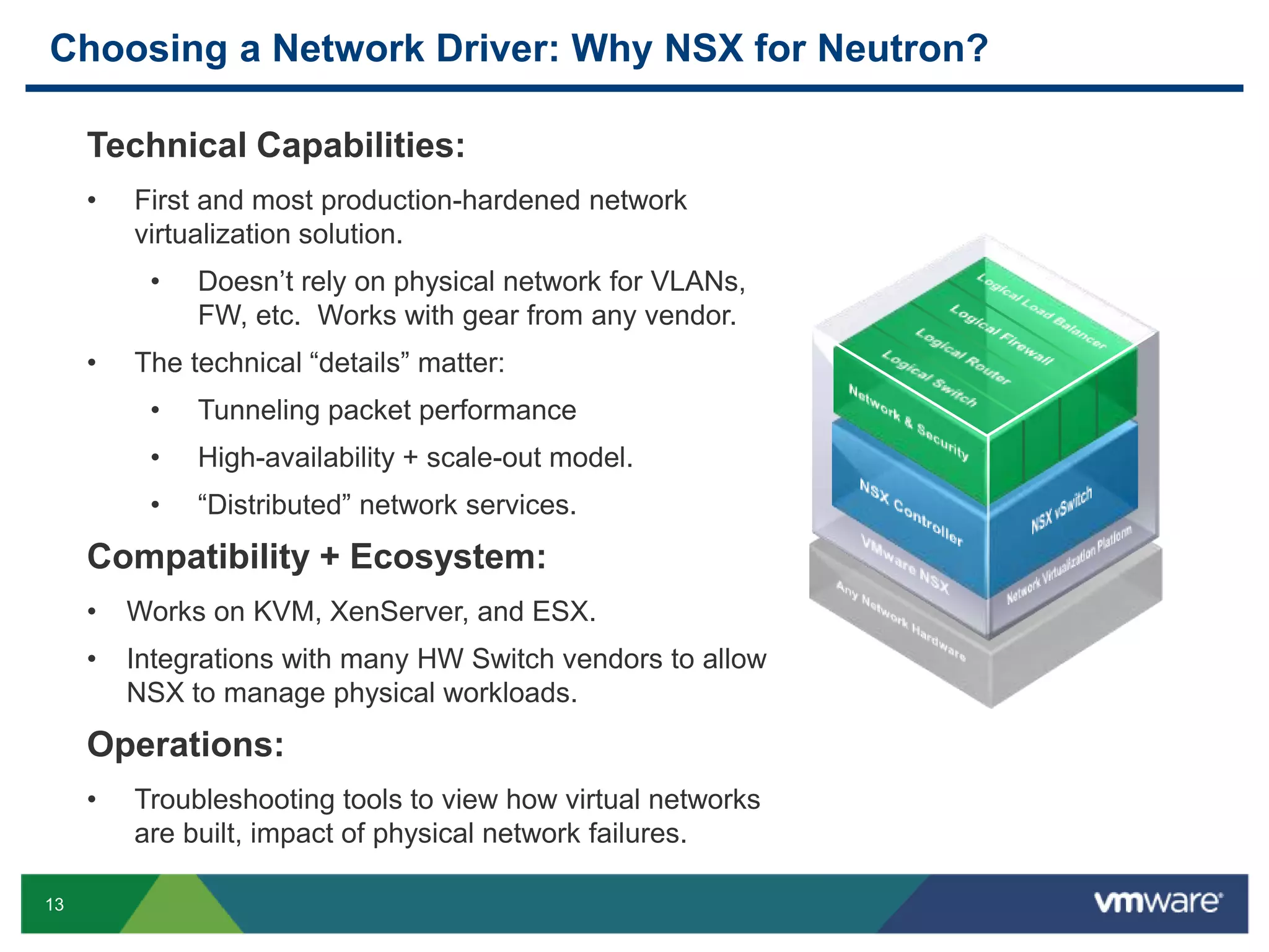 Choosing a Network Driver: Why NSX for Neutron? 
13 
Technical Capabilities: 
• First and most production-hardened network 
virtualization solution. 
• Doesn’t rely on physical network for VLANs, 
FW, etc. Works with gear from any vendor. 
• The technical “details” matter: 
• Tunneling packet performance 
• High-availability + scale-out model. 
• “Distributed” network services. 
Compatibility + Ecosystem: 
• Works on KVM, XenServer, and ESX. 
• Integrations with many HW Switch vendors to allow 
NSX to manage physical workloads. 
Operations: 
• Troubleshooting tools to view how virtual networks 
are built, impact of physical network failures. 
 