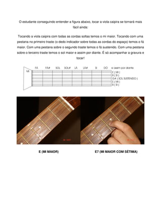 O estudante conseguindo entender a figura abaixo, tocar a viola caipira se tornará mais
                                       fácil ainda:

Tocando a viola caipira com todas as cordas soltas temos o mi maior. Tocando com uma
pestana no primeiro traste (o dedo indicador sobre todas as cordas do espaço) temos o fá
maior. Com uma pestana sobre o segundo traste temos o fá sustenido. Com uma pestana
sobre o terceiro traste temos o sol maior e assim por diante. É só acompanhar a gravura e
                                         tocar!




               E (MI MAIOR)                           E7 (MI MAIOR COM SÉTIMA)
 
