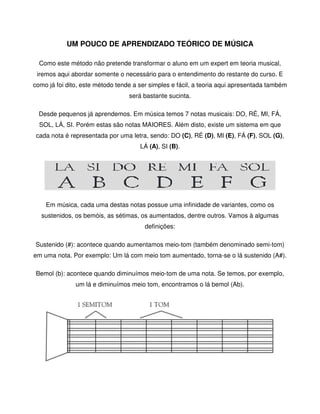 UM POUCO DE APRENDIZADO TEÓRICO DE MÚSICA

  Como este método não pretende transformar o aluno em um expert em teoria musical,
 iremos aqui abordar somente o necessário para o entendimento do restante do curso. E
como já foi dito, este método tende a ser simples e fácil, a teoria aqui apresentada também
                                  será bastante sucinta.

  Desde pequenos já aprendemos. Em música temos 7 notas musicais: DO, RÉ, MI, FÁ,
  SOL, LÁ, SI. Porém estas são notas MAIORES. Além disto, existe um sistema em que
 cada nota é representada por uma letra, sendo: DO (C), RÉ (D), MI (E), FÁ (F), SOL (G),
                                      LÁ (A), SI (B).




    Em música, cada uma destas notas possue uma infinidade de variantes, como os
  sustenidos, os bemóis, as sétimas, os aumentados, dentre outros. Vamos à algumas
                                        definições:

Sustenido (#): acontece quando aumentamos meio-tom (também denominado semi-tom)
em uma nota. Por exemplo: Um lá com meio tom aumentado, torna-se o lá sustenido (A#).

 Bemol (b): acontece quando diminuímos meio-tom de uma nota. Se temos, por exemplo,
               um lá e diminuímos meio tom, encontramos o lá bemol (Ab).
 