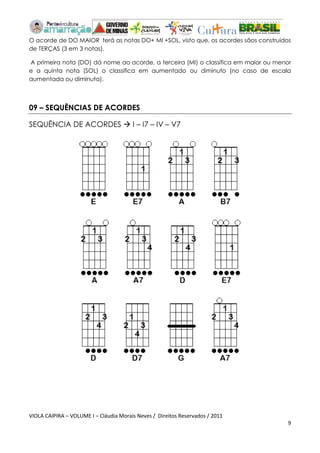 VIOLA CAIPIRA – VOLUME I – Cláudia Morais Neves / Direitos Reservados / 2011 
9 
O acorde de DO MAIOR terá as notas DO+ MI +SOL, visto que, os acordes sãos construídos de TERÇAS (3 em 3 notas). 
A primeira nota (DO) dá nome ao acorde, a terceira (MI) o classifica em maior ou menor e a quinta nota (SOL) o classifica em aumentado ou diminuto (no caso de escala aumentada ou diminuta). 
09 – SEQUÊNCIAS DE ACORDES 
SEQUÊNCIA DE ACORDES  I – I7 – IV – V7 
 
