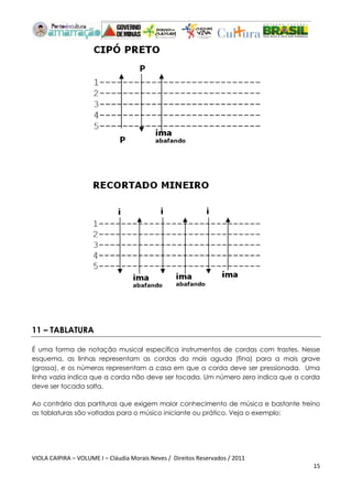 VIOLA CAIPIRA – VOLUME I – Cláudia Morais Neves / Direitos Reservados / 2011 
15 
11 – TABLATURA 
É uma forma de notação musical específica instrumentos de cordas com trastes. Nesse esquema, as linhas representam as cordas da mais aguda (fina) para a mais grave (grossa), e os números representam a casa em que a corda deve ser pressionada. Uma linha vazia indica que a corda não deve ser tocada. Um número zero indica que a corda deve ser tocada solta. 
Ao contrário das partituras que exigem maior conhecimento de música e bastante treino as tablaturas são voltadas para o músico iniciante ou prático. Veja o exemplo:  