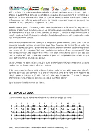 VIOLA CAIPIRA – VOLUME I – Cláudia Morais Neves / Direitos Reservados / 2011 
7 
Até o enfeite das violas é amuleto sanitário: a pintura de flores em sua tampa ajuda a afastar o quebranto. E as flores escolhidas são aquelas onde predomina o vermelho, por exemplo, as flores da maravilha com as quais as crianças ainda hoje fazem colares e antigamente os violeiros, principalmente os negros, colocavam-nas no pescoço nas romarias de São Gonçalo ou nos pousos de cururu. 
Violeiro que se preza não carrega viola debaixo do braço e sim na mão, segurando-a pelo seu braço. "Viola é mulher, e quem sai com ela na rua, vai de braço dado. Violeirinho de meia pataca é que põe a viola debaixo do braço. O sovaco é lugar de encostar a muleta e não a viola". Viola carregada debaixo do braço fica reumática, não afina mais, fica mancando das cordas. 
Embora a viola tenha lá suas doenças, é inegável o poder que ela possui para curar as doenças quando tocada em romarias para São Gonçalo do Amarante. A viola nas danças do santo português - padroeira dos violeiros, além de arrumar casamento para as moças que vão ficando para "tias", cura também reumatismo. Quem num cateretê "pisar nas cordas da viola", isto é seguir-lhe o ritmo, sem errar, jamais ficará doente dos pés, das pernas, nunca terá "veia quebrada" - varizes. E' portanto um preventivo maravilhoso que só os catireiros têm o privilégio de possuir. 
Se por um lado há doenças da viola, por outro ela tem grande função medicinal. Ela cura as doenças, mata a saudade, elimina a tristeza. 
A lei da compensação ai está: o bom violeiro cuida de sua viola para que ela não apanhe doenças, seja sempre sã, e ela recompensa, uma boa viola, bem tocada dá alegria para o homem e já dizia Salomão nos seus Provérbios: "O coração alegre aformoseia o rosto, mas pela dor do coração, o espírito se abate". 
É por isso que "violeiro morre é de velho". 
05 – BRAÇO DA VIOLA 
Apresentamos aqui o nome das notas nas 12 casas do braço da viola: 
 