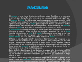 RACISMO El  racismo  es otra forma de discriminación muy grave. Considerar a la raza como un criterio para desigualar a los hombres es una grave desviación moral y política. El  nazismo  de  Hitler  ha sido uno de los ejemplos recientes de persecución racial. La falsa creencia en que la raza aria o germana era biológicamente la predestinada a preservar la pureza de la  sangre  para cumplir un destino universal de cultura superior llevó a los extremos de la locura política. De esa manera se dio  muerte  a millones de  judíos  secuestrados en horribles campos de concentración. El  nacionalismo  extremo puede llegar al borde del racismo cuando trata de manera diferente a quienes tienen distinta nacionalidad. Mussolini fue, en la  Italia  fascista, quien difundió el  mito  de la  nación  italiana como forma superior de vida, llamada a desempeñar un papel histórico que diera continuidad al viejo  imperio romano . Por todo esto, conquistó a Abisinia, en  África . El tema de los refugiados es otro ejemplo de discriminación. Un refugiado es una persona que ha abandonado su país por temor a ser perseguido por su raza, religión, nacionalidad, opinión política o grupo social. Estas personas también sufren abusos de sus derechos humanos luego de haberse marchado de sus países, desde actos de  piratería  y violaciones hasta arrestos, detenciones, tortura y discriminación en el país al cual han escapado. Datos d el Alto Comisionado de las Naciones Unidas para los Refugiados (ACNUR) dicen que hay aproximadamente unos 20 millones de refugiados y se estima que hay 25 millones de personas desplazadas (que tuvieron que abandonar su hogar pero no su país). La mayoría de los refugiados provienen de los países en desarrollo, porque es allí donde existen más  conflictos . Por lo menos el 80% son mujeres y niños. Necesitan la ayuda de emergencia que proporciona el ACNUR, frecuentemente a través de las organizaciones no gubernamentales. 