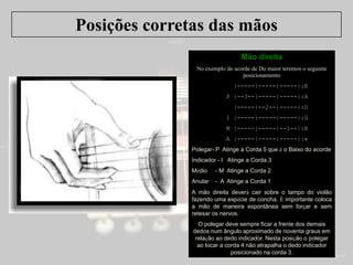 Mão direita
No exemplo do acorde de Do maior teremos o seguinte
posicionamento
|-----|-----|-----|:E
P |--3--|-----|-----|:A
|-----|--2--|-----|:D
I |-----|-----|-----|:G
M |-----|-----|--1--|:B
A |-----|-----|-----|:e
Polegar- P Atinge a Corda 5 que é o Baixo do acorde
Indicador - I Atinge a Corda 3
Médio - M Atinge a Corda 2
Anular - A Atinge a Corda 1
A mão direita deverá cair sobre o tampo do violão
fazendo uma espécie de concha. É importante coloca
a mão de maneira espontânea sem forçar e sem
retesar os nervos.
O polegar deve sempre ficar a frente dos demais
dedos num ângulo aproximado de noventa graus em
relação ao dedo indicador. Nesta posição o polegar
ao tocar a corda 4 não atrapalha o dedo indicador
posicionado na corda 3.
Posições corretas das mãos
 