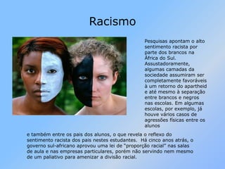 RacismoPesquisas apontam o alto sentimento racista por parte dos brancos na África do Sul. Assustadoramente, algumas camadas da sociedade assumiram ser completamente favoráveis à um retorno do apartheid e até mesmo à separação entre brancos e negros nas escolas. Em algumas escolas, por exemplo, já houve vários casos de agressões físicas entre os alunose também entre os pais dos alunos, o que revela o reflexo do sentimento racista dos pais nestes estudantes. Há cinco anos atrás, o governo sul-africano aprovou uma lei de “proporção racial” nas salas de aula e nas empresas particulares, porém não servindo nem mesmo de um paliativo para amenizar a divisão racial. 