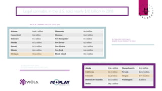 Legal cannabis in the U.S. sold nearly $10 billion in 2018
MEDICAL CANNABIS SALES BY STATE 2018
RECREATIONAL CANNABIS SALES BY STATE 2018
$5.7 BILLION STATE SALES
WHERE VIOLA PRODUCT IS SOLD
$2.8 BILLION STATE SALES
IN STATES WHERE VIOLA IS NOT SOLD
 