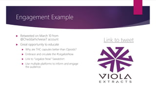 Engagement Example
 Retweeted on March 10 from
@Cheddarhcheese7 account
 Great opportunity to educate
 Why ate THC capsules better than Opioids?
 Embrace and circulate the #LegalizeNow
 Link to “Legalize Now” Sweatshirt
 Use multiple platforms to inform and engage
the audience.
Link to tweet
 