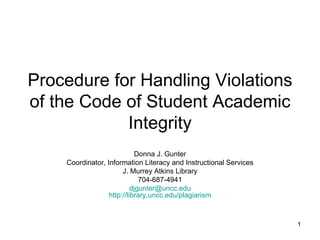 Procedure for Handling Violations of the Code of Student Academic Integrity Donna J. Gunter Coordinator, Information Literacy and Instructional Services J. Murrey Atkins Library 704-687-4941 [email_address] http://library.uncc.edu/plagiarism 
