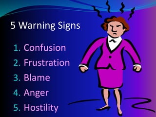 5 Warning Signs
1. Confusion
2. Frustration
3. Blame
4. Anger
5. Hostility
 
