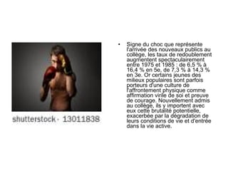 Signe du choc que représente l'arrivée des nouveaux publics au collège, les taux de redoublement augmentent spectaculairement entre 1975 et 1985 : de 6,5 % à 16,4 % en 5e, de 7,3 % à 14,3 % en 3e.  Or certains jeunes des milieux populaires sont parfois porteurs d'une culture de l'affrontement physique comme affirmation virile de soi et preuve de courage. Nouvellement admis au collège, ils y importent avec eux cette brutalité potentielle, exacerbée par la dégradation de leurs conditions de vie et d'entrée dans la vie active. 